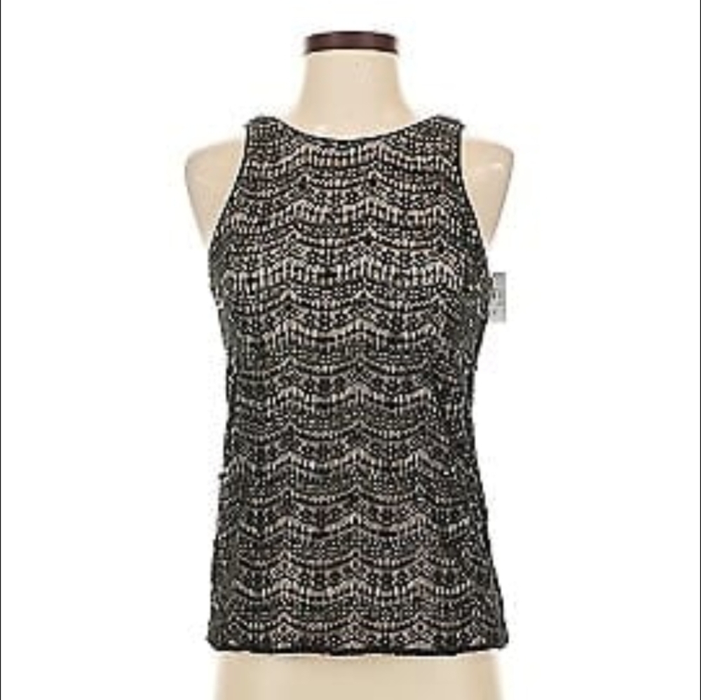 NWT ANN TAYLOR Petite SZ XXSP Nylon/Rayon 2 Layer Blk Beige Tank Top Blouse
